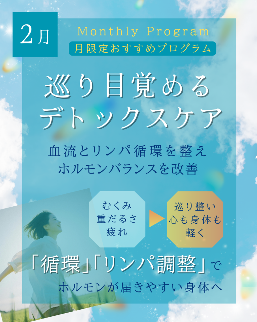 「12ヶ月トータルケアプログラム」 スタート / 2月限定プログラム『巡り目覚める デトックスバランスケア』のご案内｜波動セラピー｜ヘルスケアサロンsui ｜那覇市首里